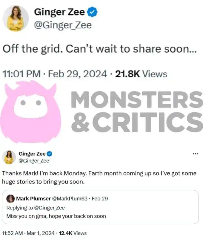 ginger zee je v več tvitih dražila svojo odsotnost na gma