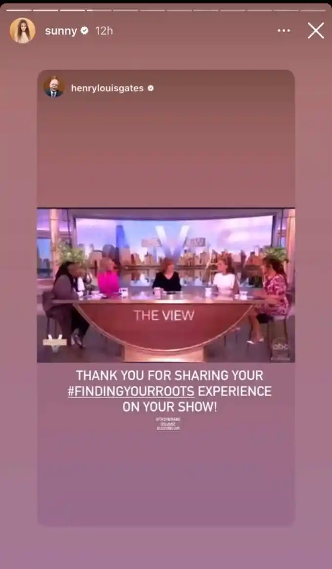  شاركت Sunny Hostin صورة لـ The View وهي تروج لـ Finding Your Roots على Instagram Reels.