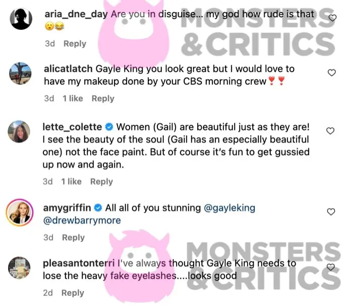   Captura de tela dos comentários do Instagram sobre Gayle King ficando sem maquiagem