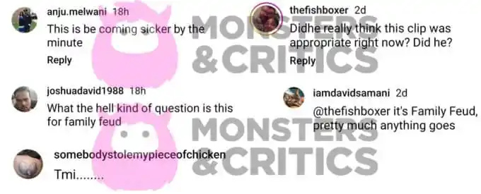   家庭不和观众对史蒂夫·哈维的评论's reaction to a contestant's answer on instagram