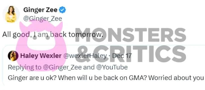   رد جينجر زي على أحد المعجبين's tweet about missing GMA