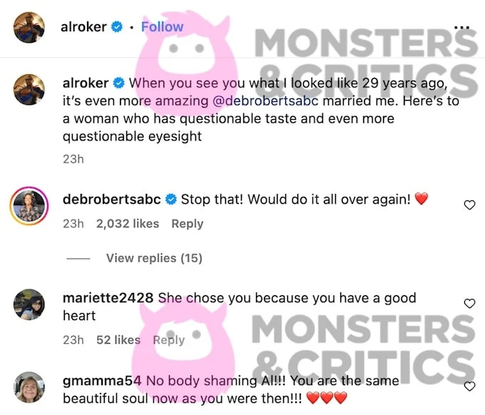   Captura de pantalla de Instagram de los comentarios en los que Al Roker y Deborah Roberts comentan sobre el matrimonio.
