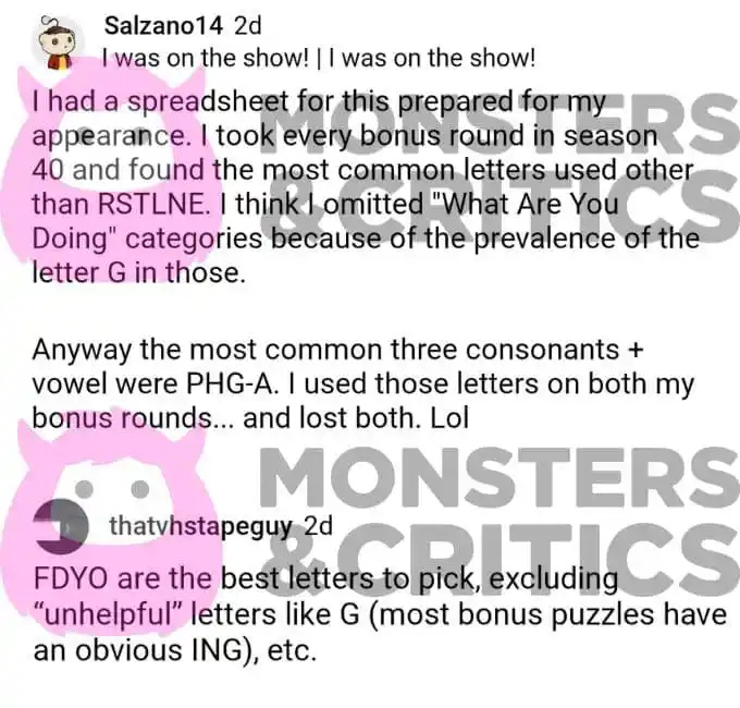I fan della ruota della fortuna discutono delle opzioni delle lettere per il round bonus su Reddit