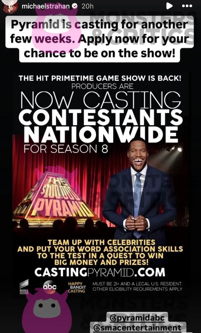 michael strahan historia de instagram captura de pantalla de los detalles del casting de la temporada 8 de la pirámide
