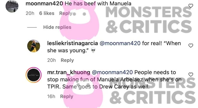   Posnetek zaslona instagrama prikazuje reakcije oboževalcev glede modela drew carey roasting