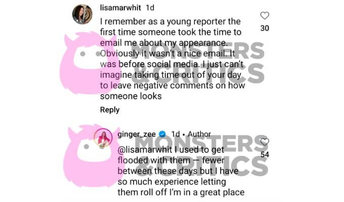   ginger zee responde a um comentário no instagram de @lisamarwhit
