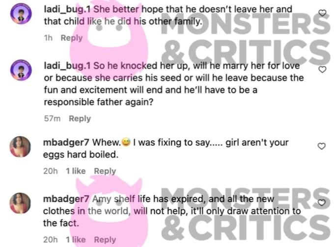   A captura de tela do Instagram mostra comentários sobre Amy Robach no chá de bebê de um amigo