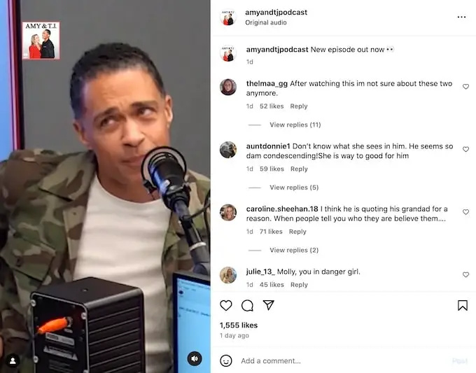 snimka zaslona s instagram video isječka tj holmesa na podcastu s amy robach